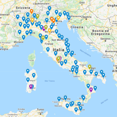 Disegno a colori della mappa dei centri per sordi sul territorio nazionale italiano