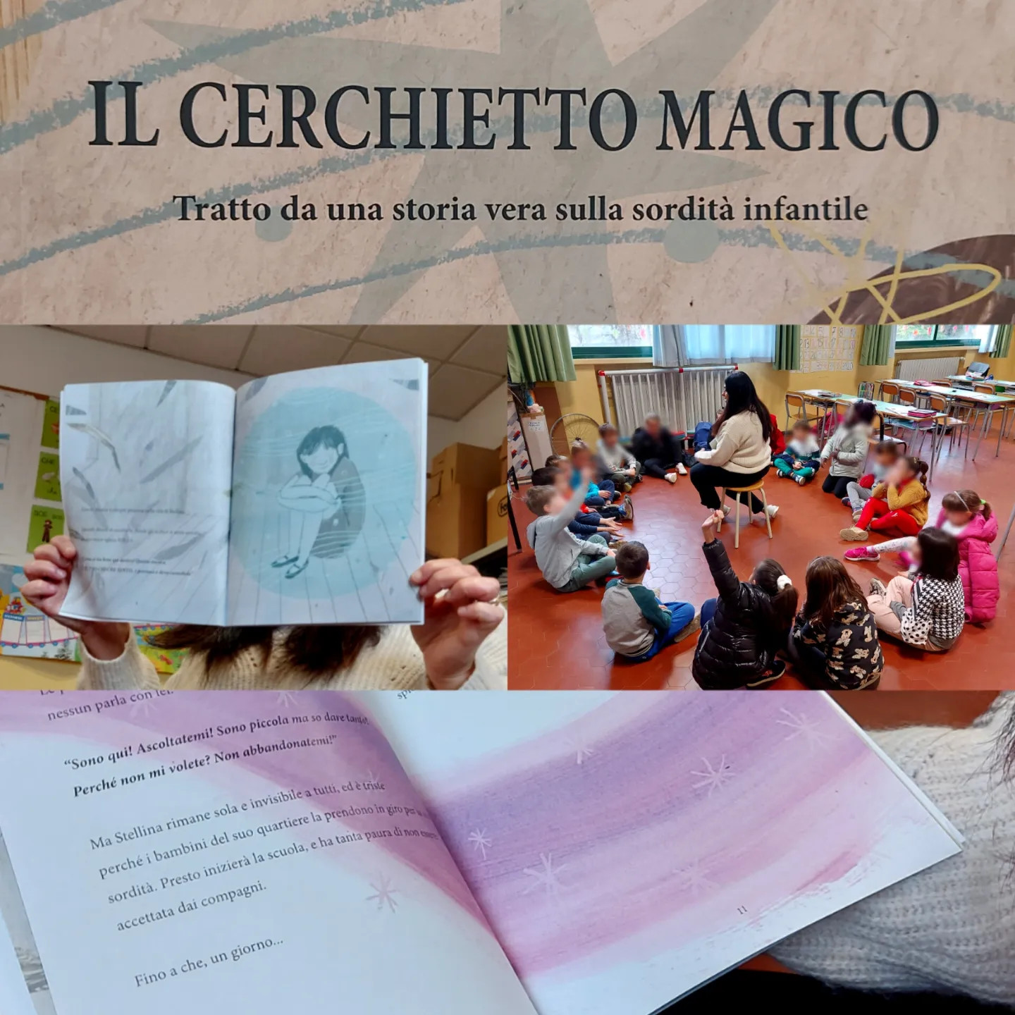 Il libro "Il Cerchietto Magico" aperto in mano a un alunno con sullo sfondo una classe con bambini durante una lettura animata