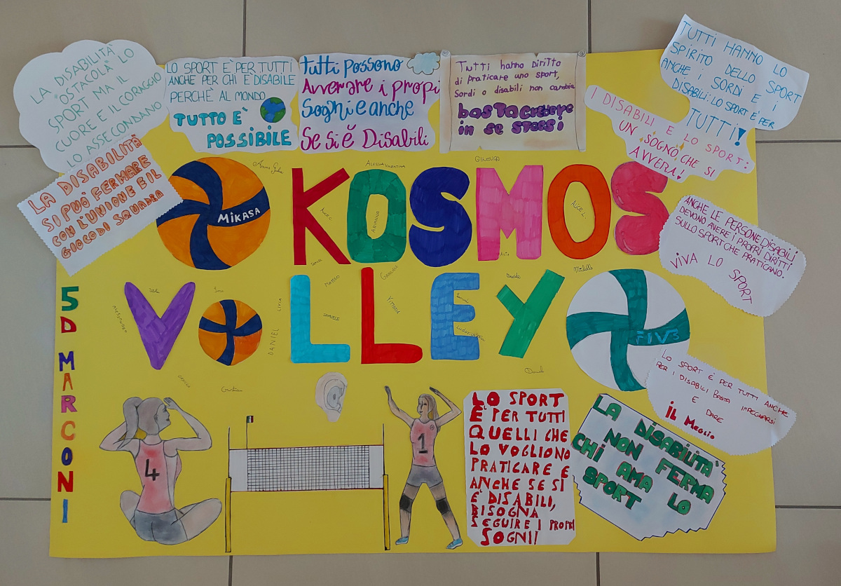 Cartellone a colori fatto dagli alunni della 5D per Kosmo Volley