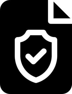 Icona in bianco e nero di uno scudo con segno di spunta su un foglio